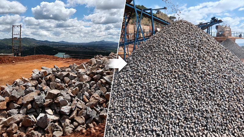 Comparación de la trituración de rocas antes y después del proceso.
