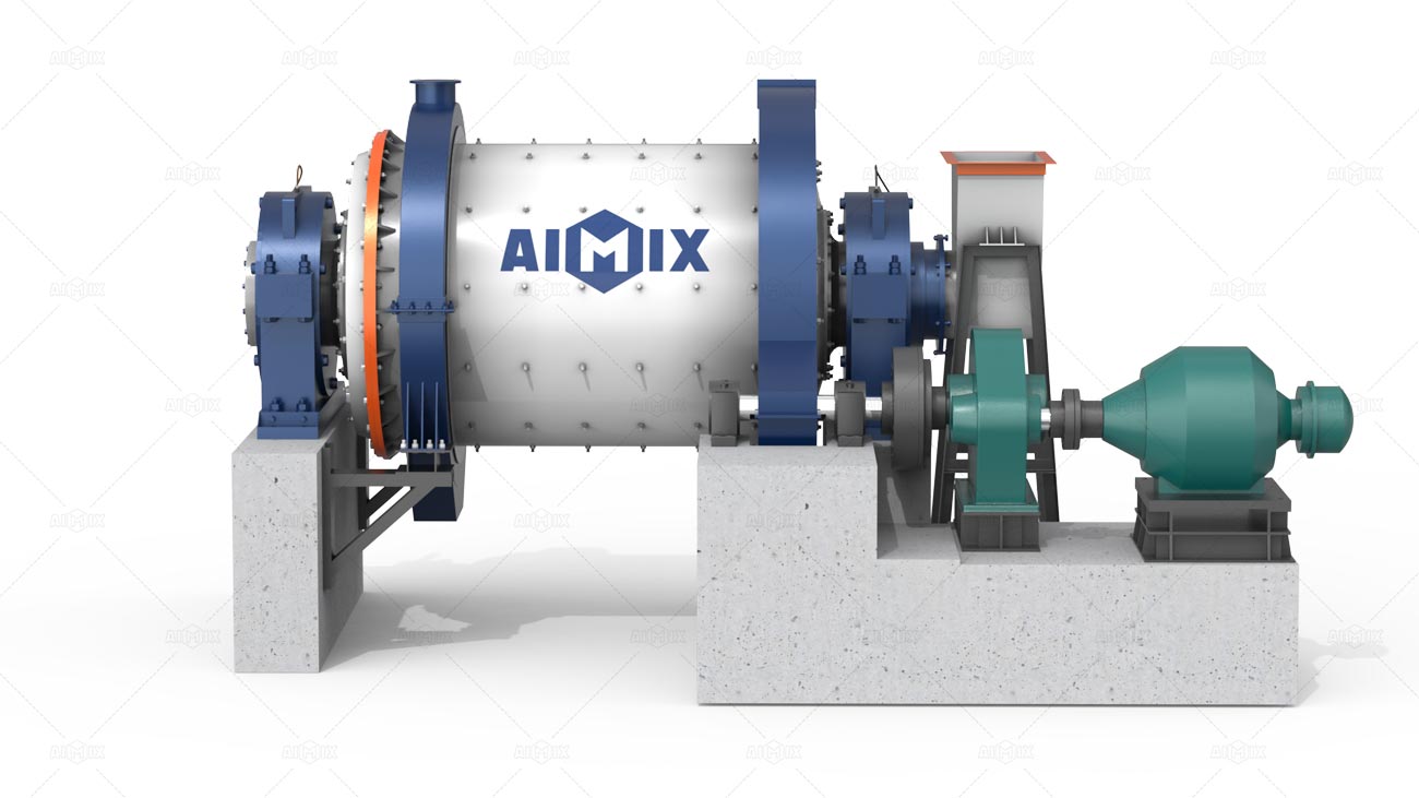 Render 3D de AIMIX molino de barras mostrando la estructura exterior del equipo, cilindro alargado con transmisión y sistema de descarga