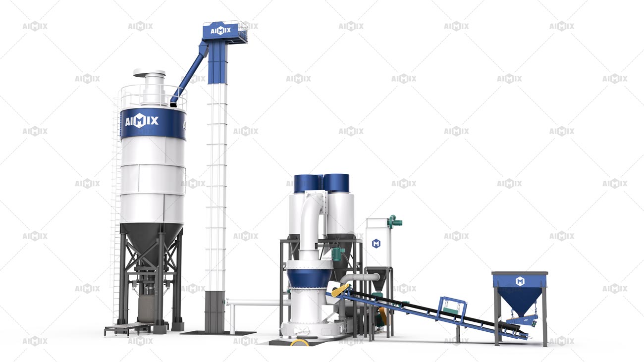 Diseño 3D de AIMIX molino Raymond vertical, estructura compacta que integra molienda por rodillos y clasificación neumática en un solo equipo